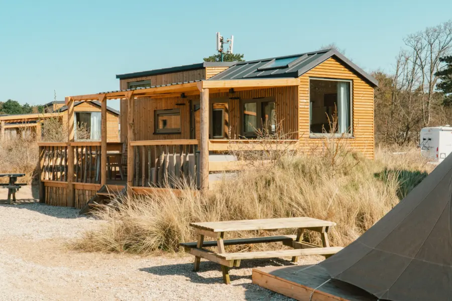natuur rondom tiny timber van hout en duurzame materialen dichtbij het strand